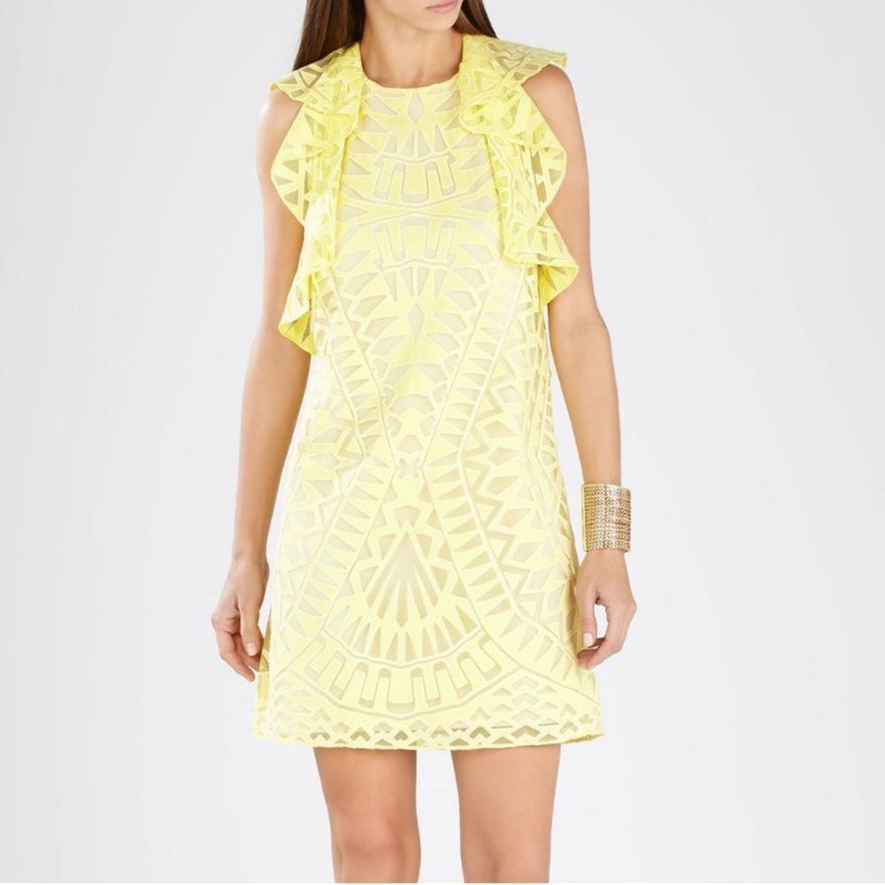 BCBGMaxAzria | Jenni Ruffle Shoulder Geometric Lace Mini Dress Canary Yellow S
